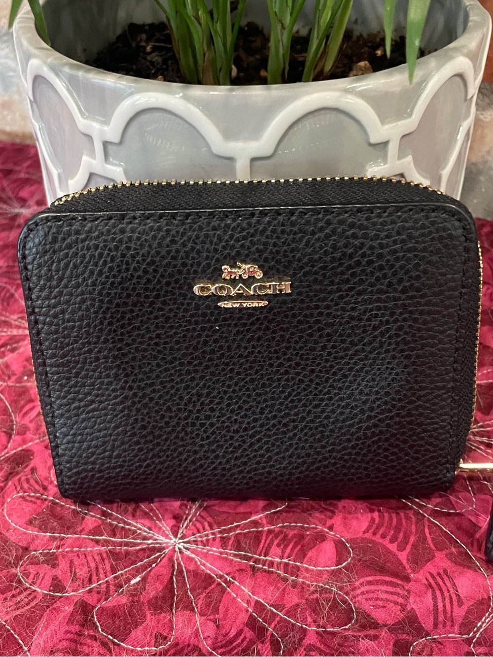 Coach Black Pebbled Leather Zip-Around Wallet with Gold Logo